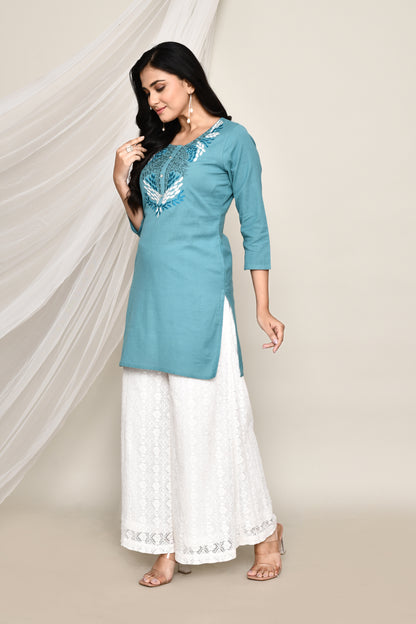 Fancy Short Kurti With Neck Embroidery