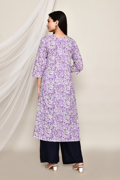 Lavender Floral A-Line Kurta With Front Slit