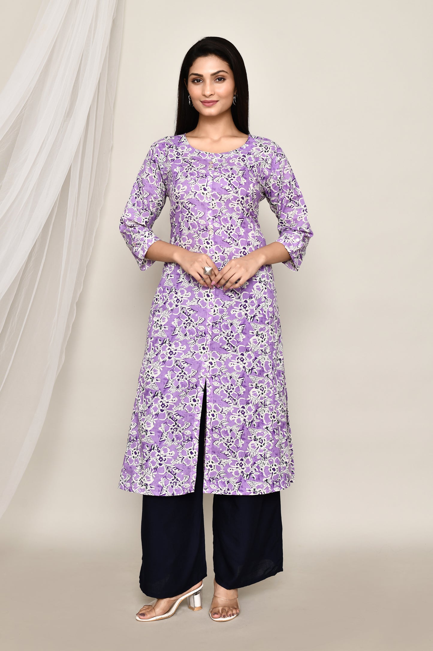 Lavender Floral A-Line Kurta With Front Slit