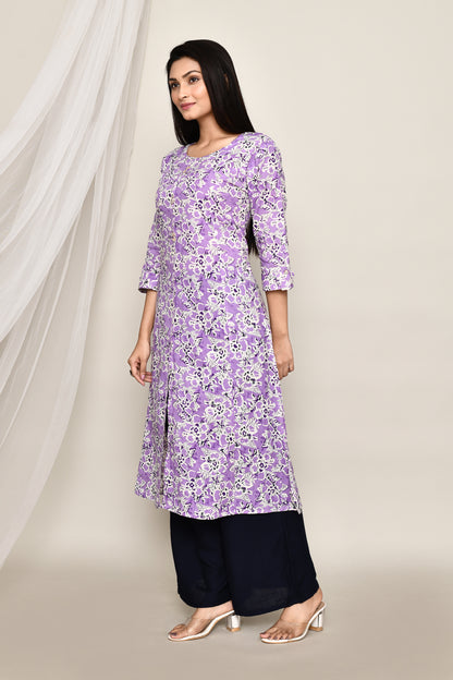 Lavender Floral A-Line Kurta With Front Slit