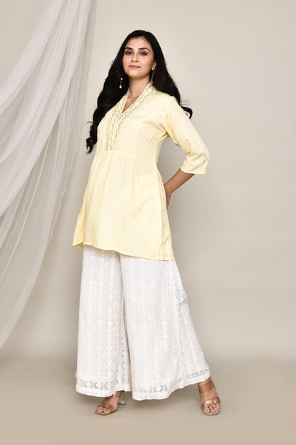 V- Neck Short Fancy Kurti With Neck Embroidery In Pastel Colour Palate