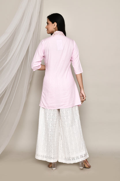 V- Neck Short Fancy Kurti With Neck Embroidery In Pastel Colour Palate