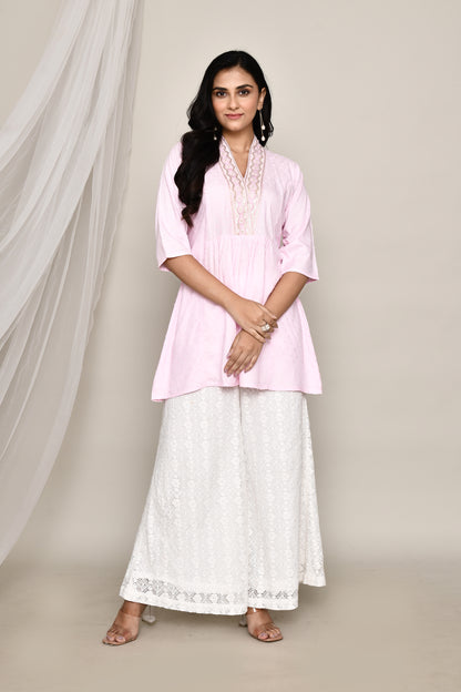 V- Neck Short Fancy Kurti With Neck Embroidery In Pastel Colour Palate