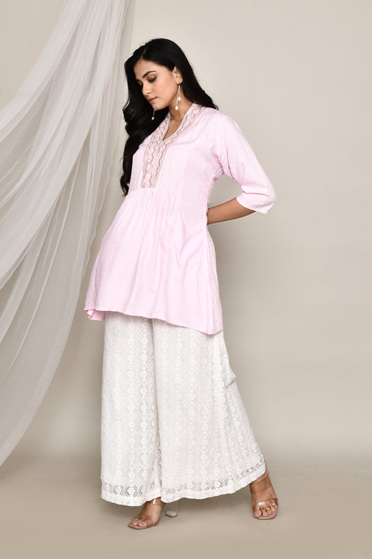 V- Neck Short Fancy Kurti With Neck Embroidery In Pastel Colour Palate