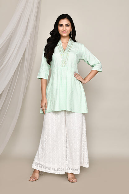 V- Neck Short Fancy Kurti With Neck Embroidery In Pastel Colour Palate