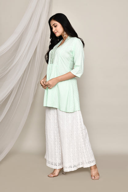 V- Neck Short Fancy Kurti With Neck Embroidery In Pastel Colour Palate