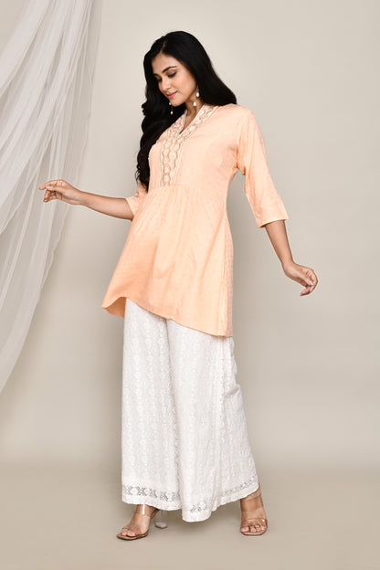 V- Neck Short Fancy Kurti With Neck Embroidery In Pastel Colour Palate