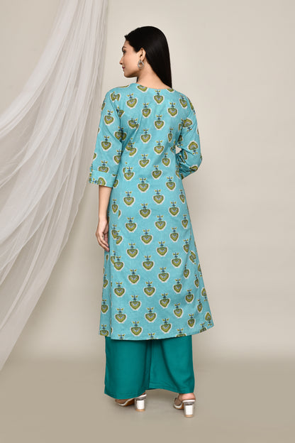 Sea Green Big Leaves A-Line Kurti With Front Slit