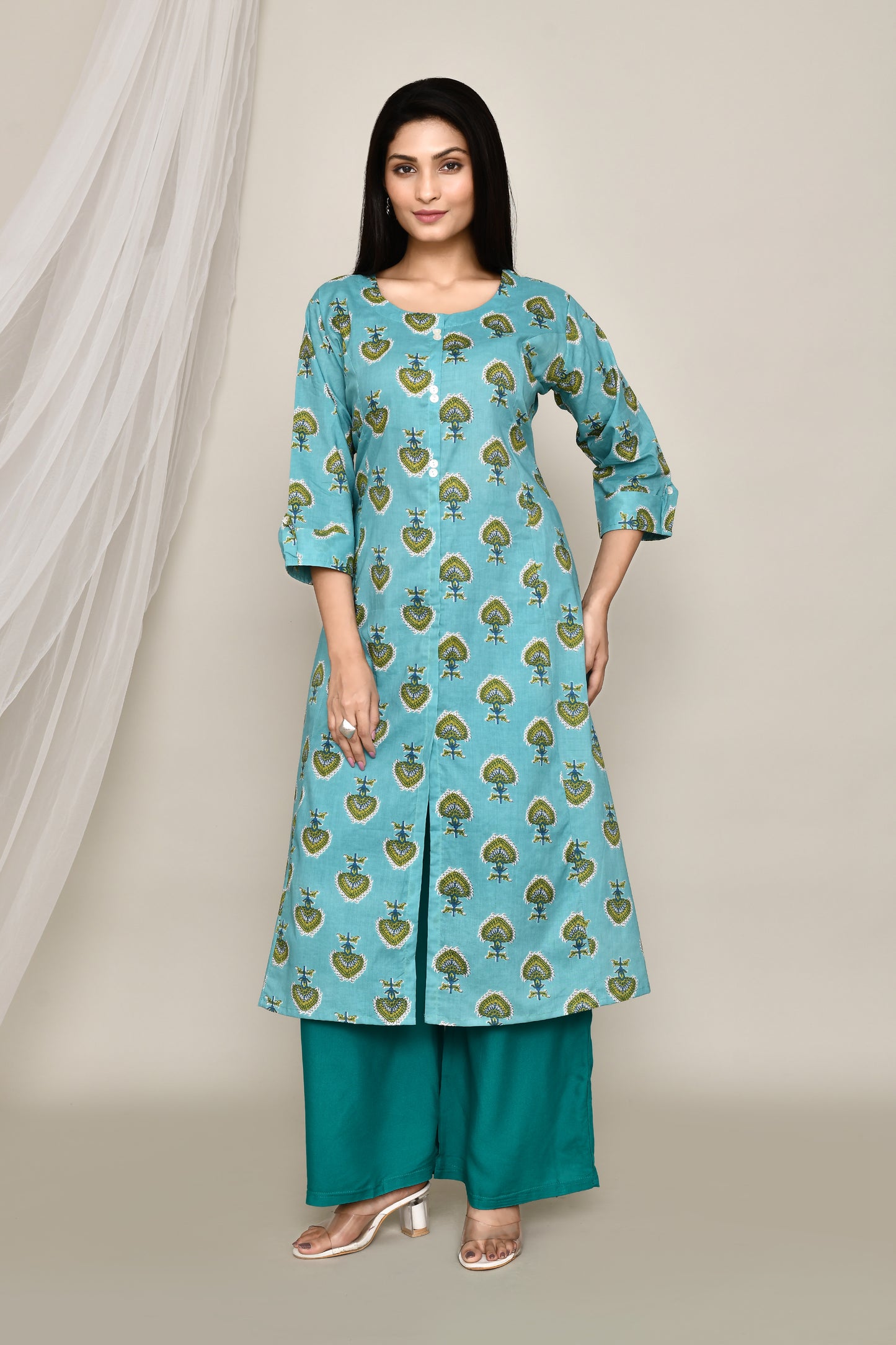 Sea Green Big Leaves A-Line Kurti With Front Slit