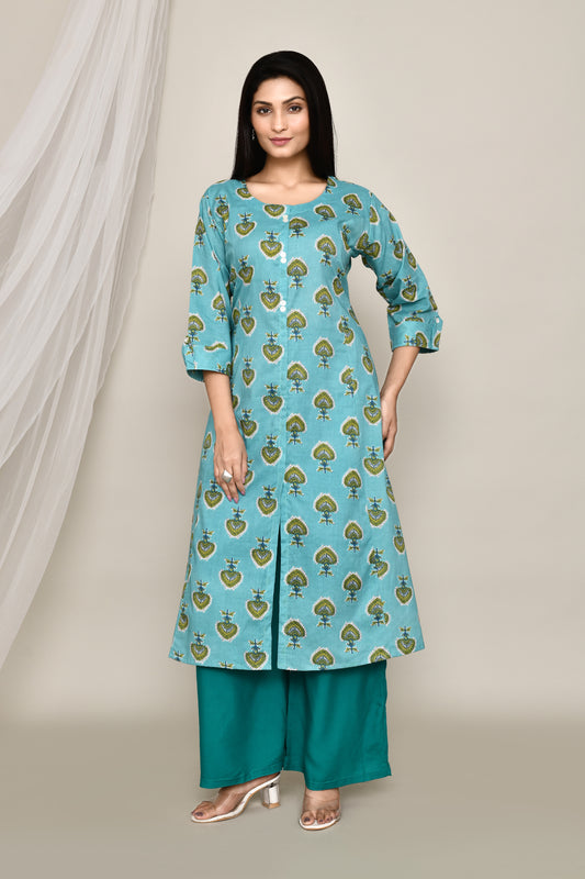 Sea Green Big Leaves A-Line Kurti With Front Slit