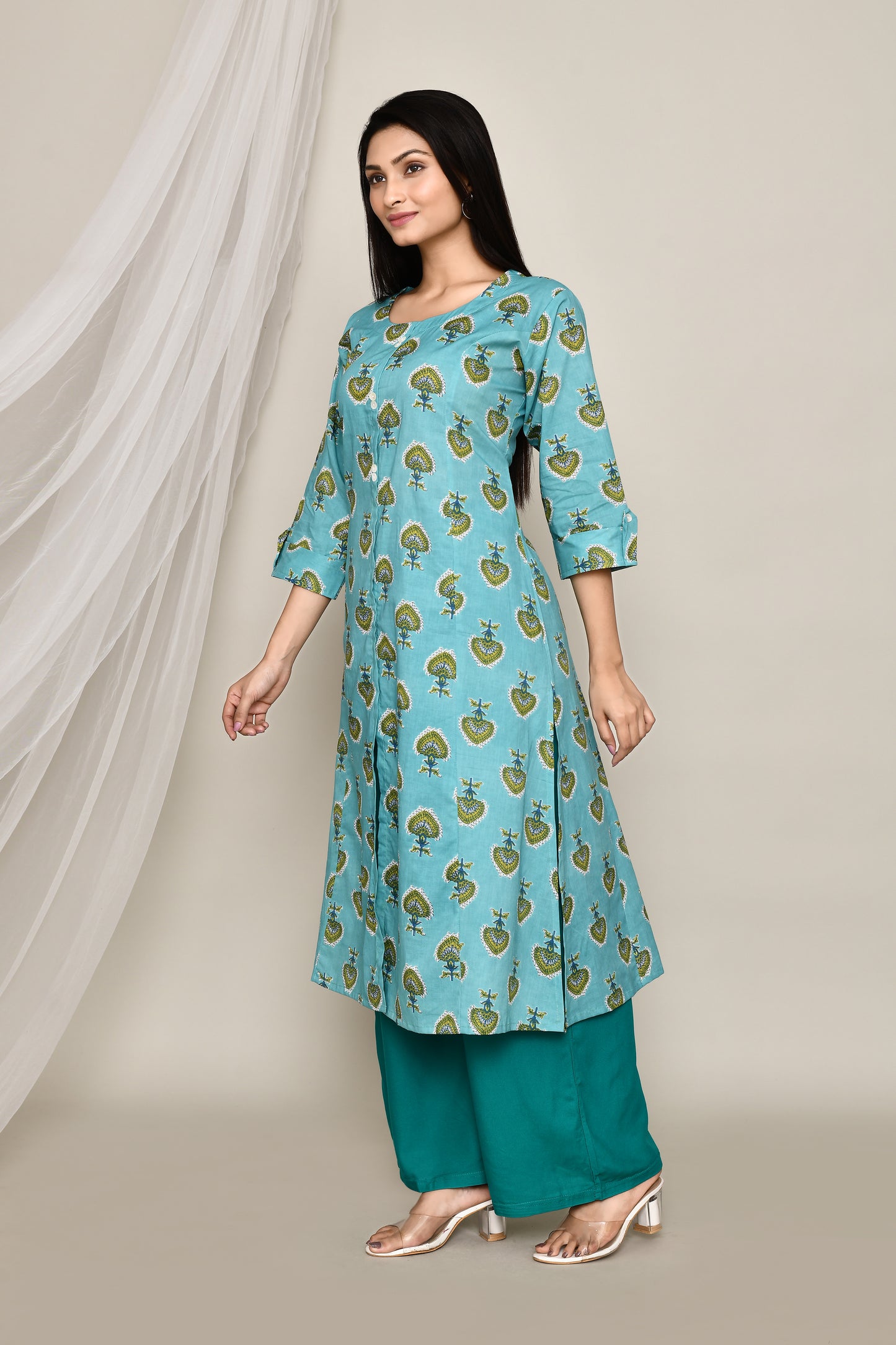 Sea Green Big Leaves A-Line Kurti With Front Slit