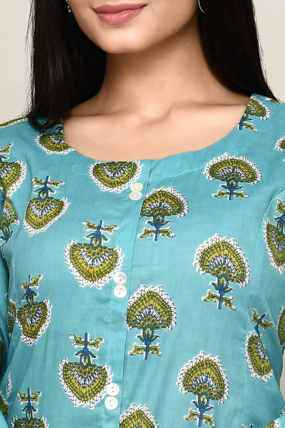 Sea Green Big Leaves A-Line Kurti With Front Slit