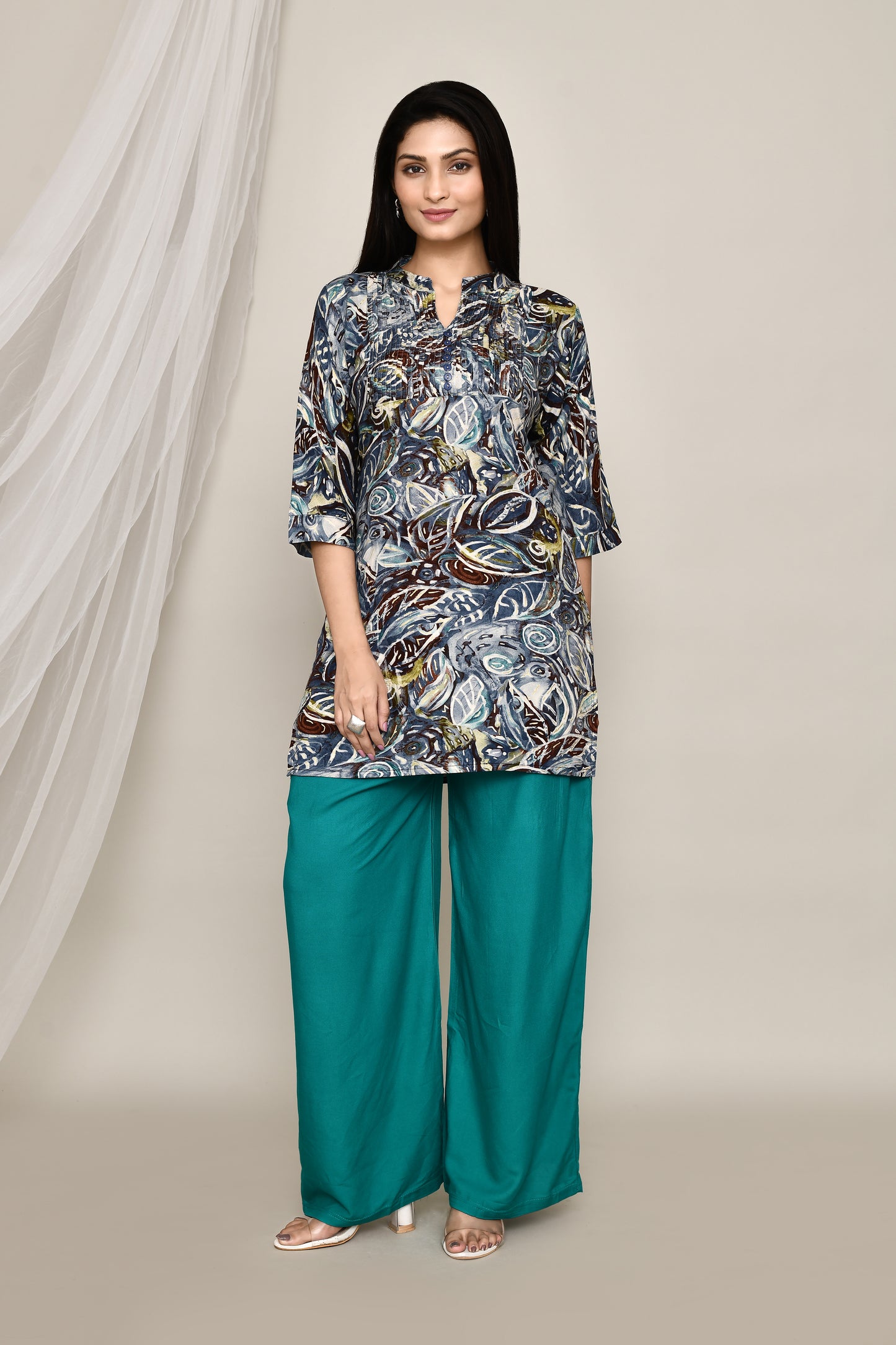 Abstract Printed Short Kurti With Pintex Neckline