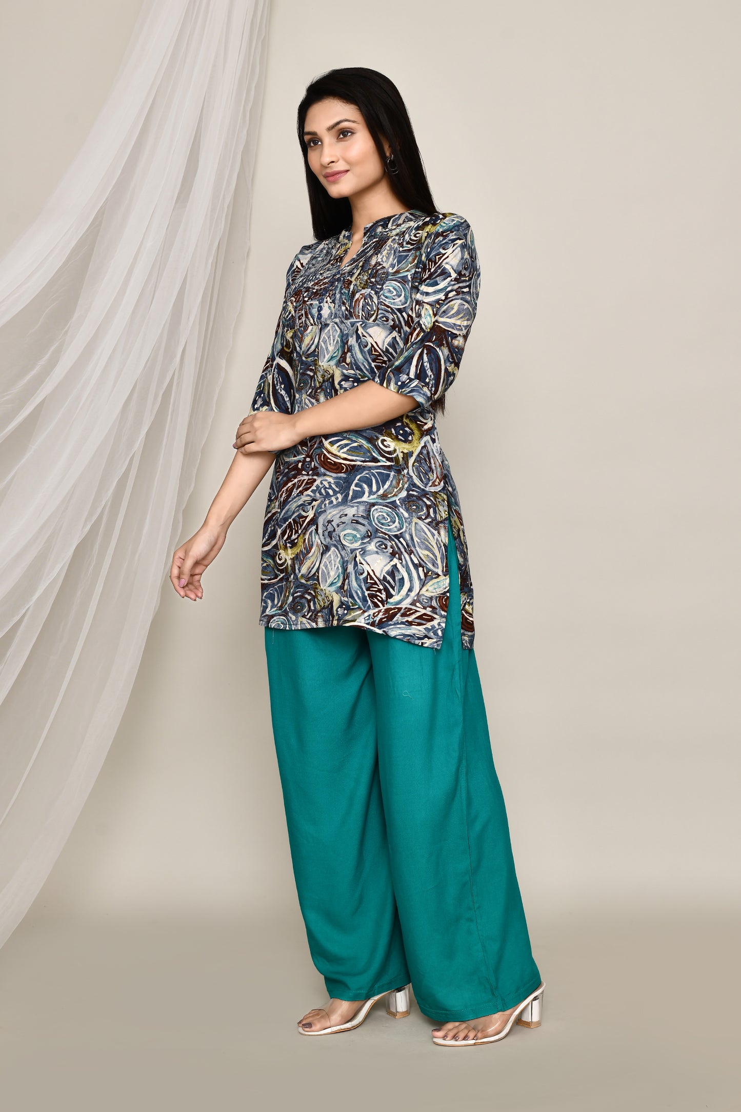 Abstract Printed Short Kurti With Pintex Neckline