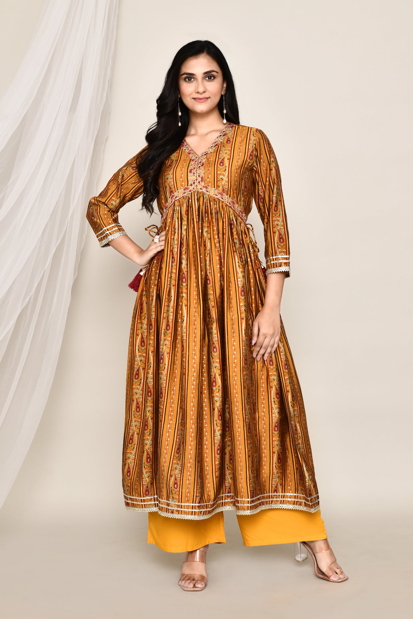 Festive Kairi Print Kurti Set With Smart Neckline Embroidery