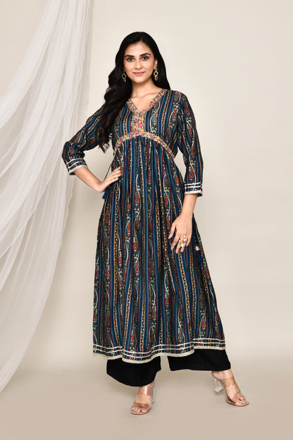 Festive Kairi Print Kurti Set With Smart Neckline Embroidery