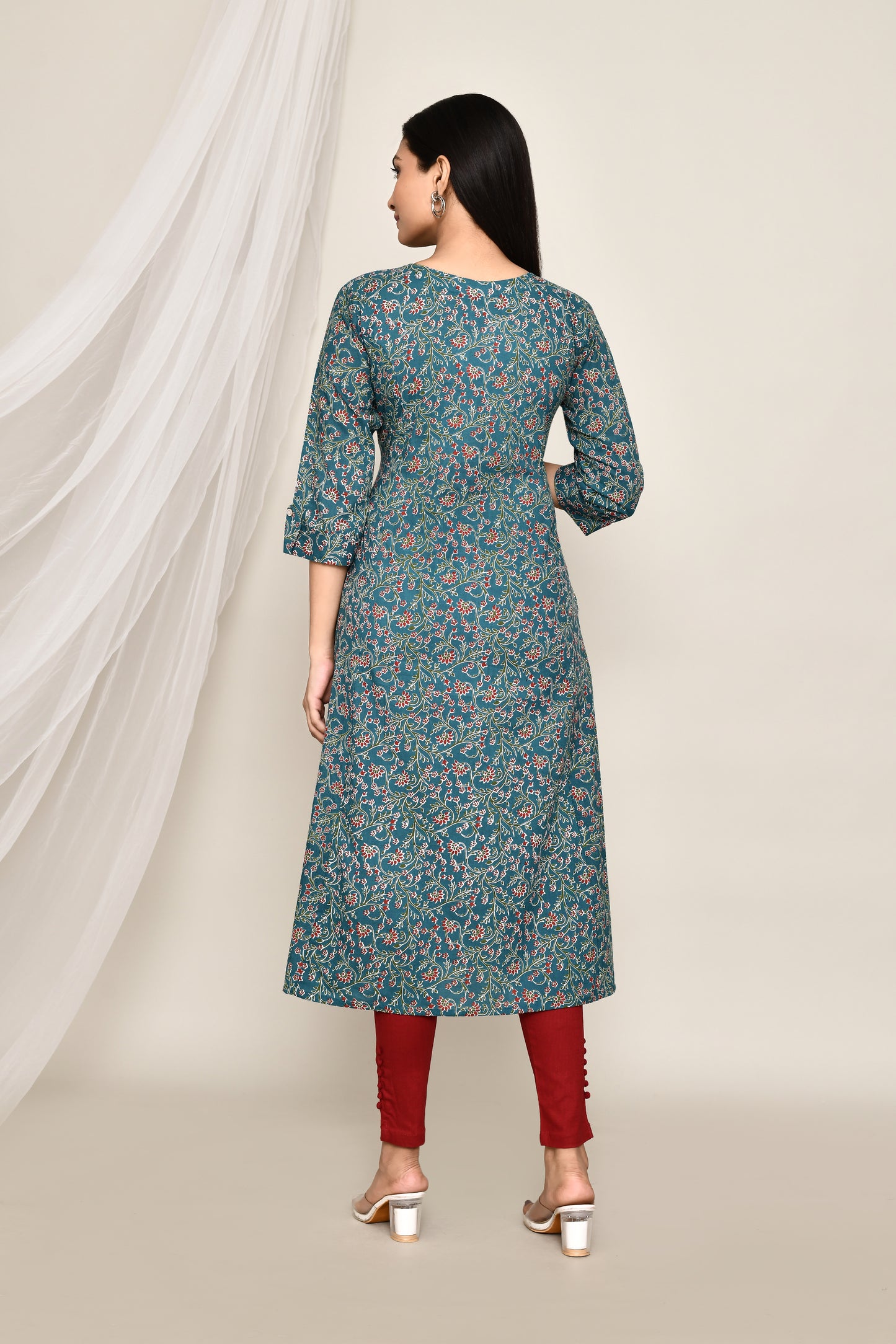 Teal Blue Floral A-Line Kurta