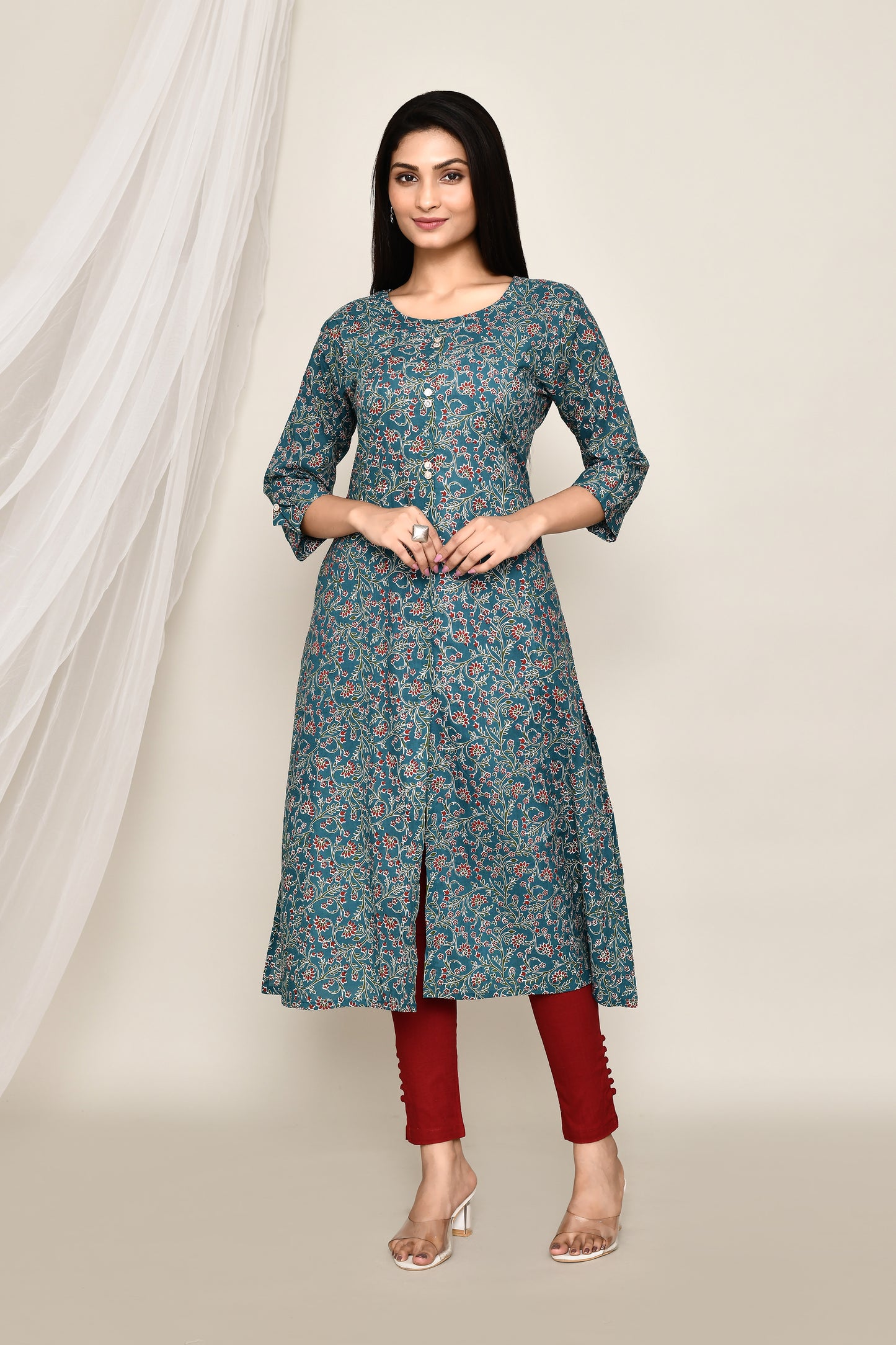 Teal Blue Floral A-Line Kurta