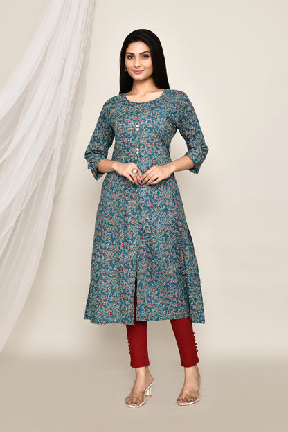 Teal Blue Floral A-Line Kurta