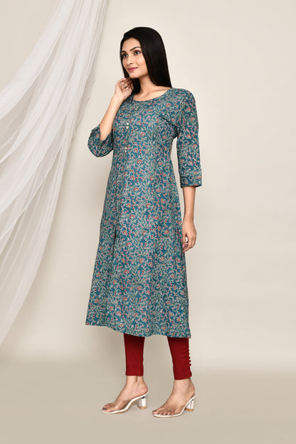 Teal Blue Floral A-Line Kurta