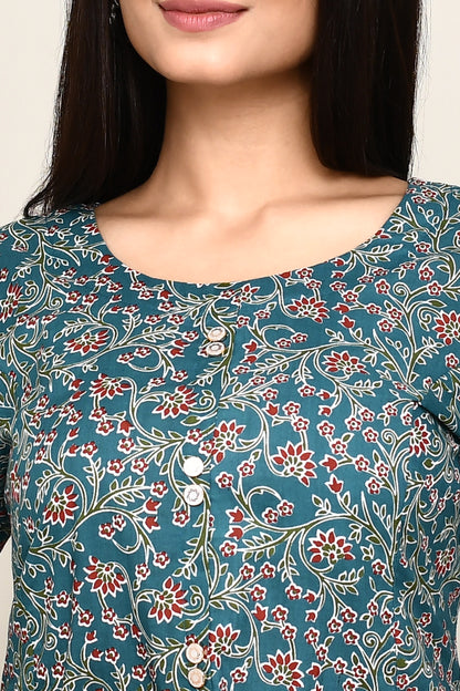 Teal Blue Floral A-Line Kurta