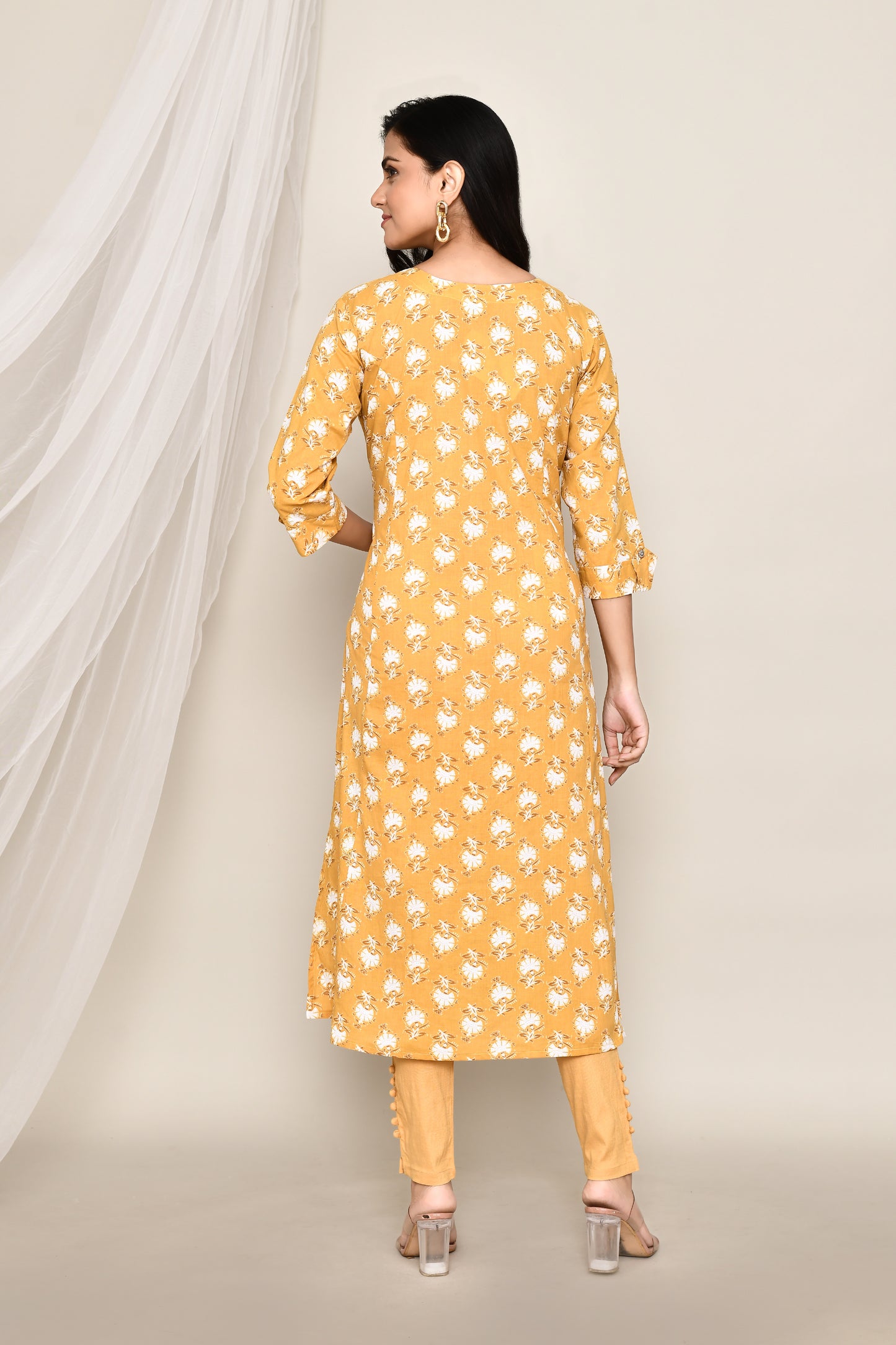 Ochre Yellow Printed A-Line Kurti With Front Slit