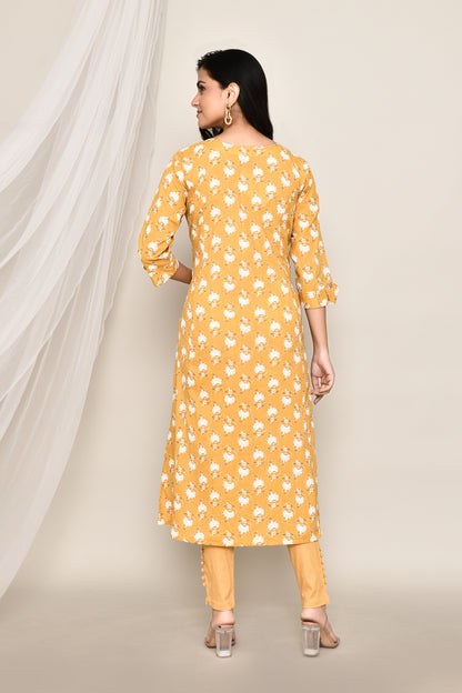 Ochre Yellow Printed A-Line Kurti With Front Slit