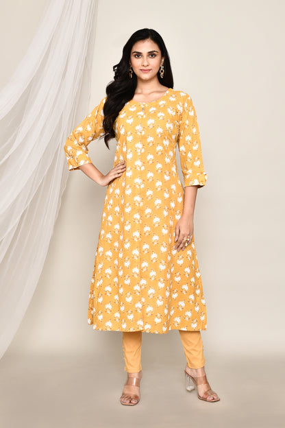 Ochre Yellow Printed A-Line Kurti With Front Slit