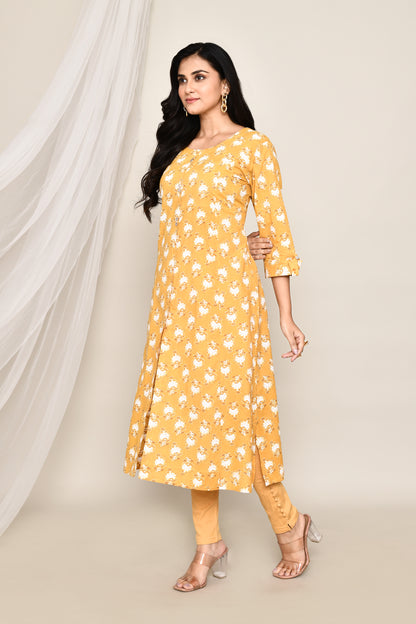 Ochre Yellow Printed A-Line Kurti With Front Slit