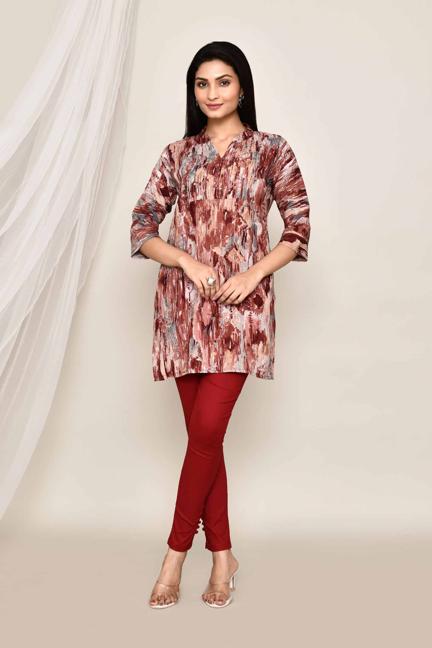 Marble Printed Short Kurti With Pintex Neckline