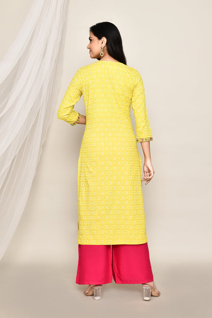 Diamond Printed Lemon Yellow Kurti With Thread Work Neck Embroidery