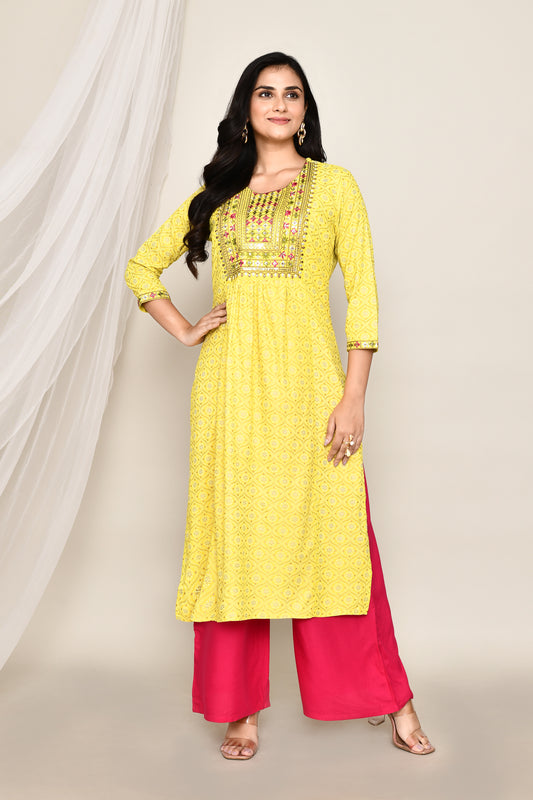 Diamond Printed Lemon Yellow Kurti With Thread Work Neck Embroidery