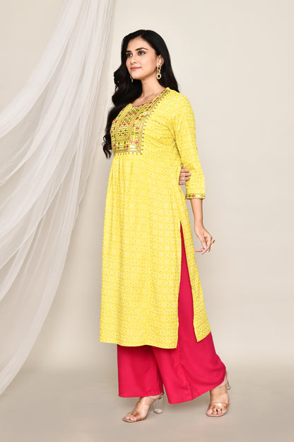 Diamond Printed Lemon Yellow Kurti With Thread Work Neck Embroidery