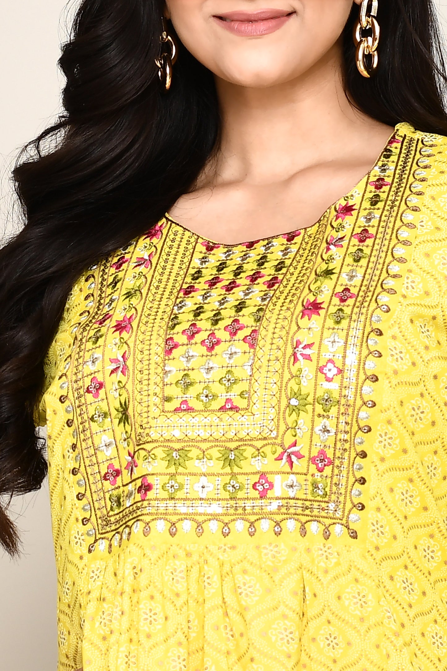 Diamond Printed Lemon Yellow Kurti With Thread Work Neck Embroidery