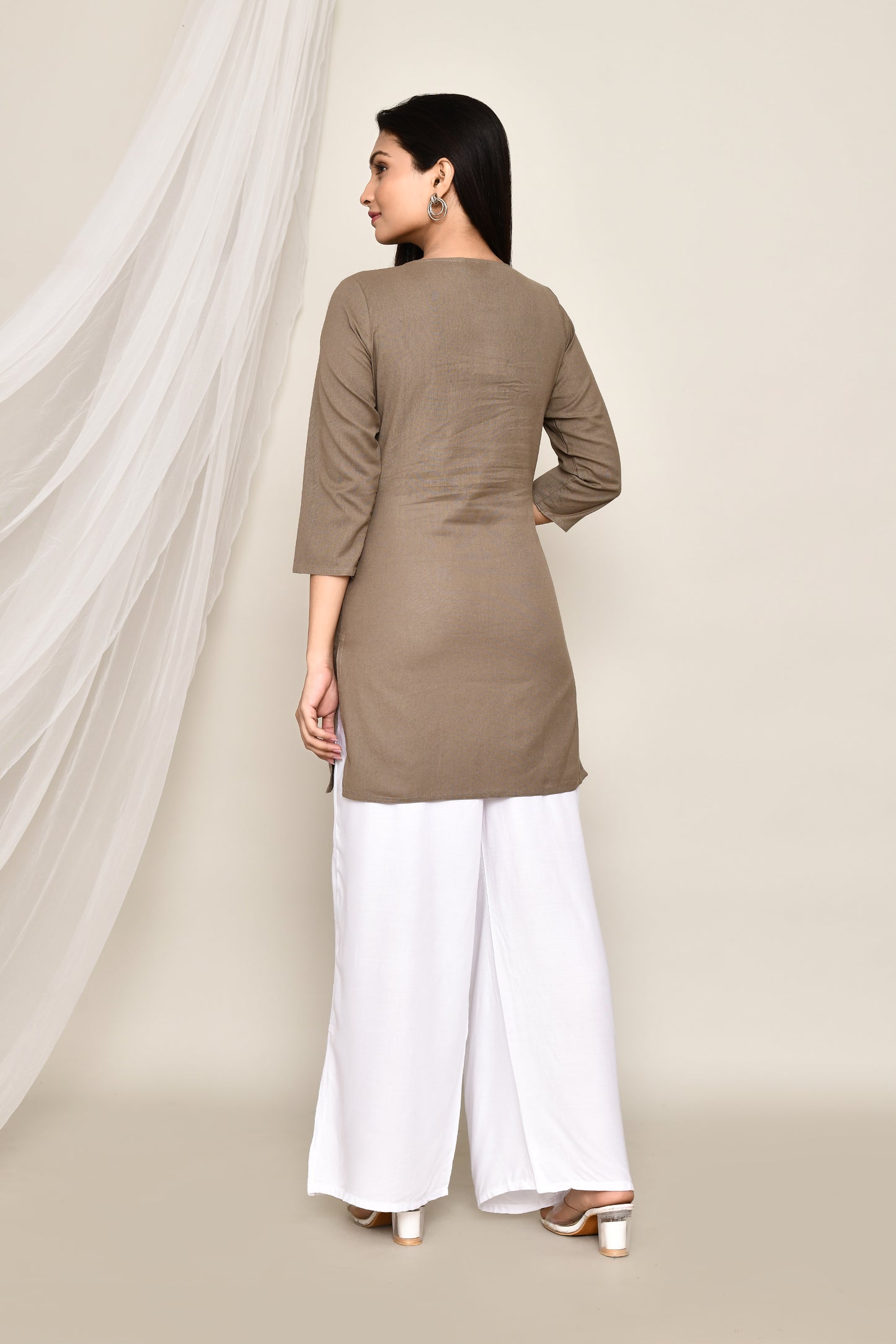 Olive Brown Short Kurti/Top With Chikankari Embroidery