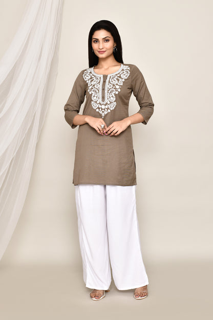 Olive Brown Short Kurti/Top With Chikankari Embroidery