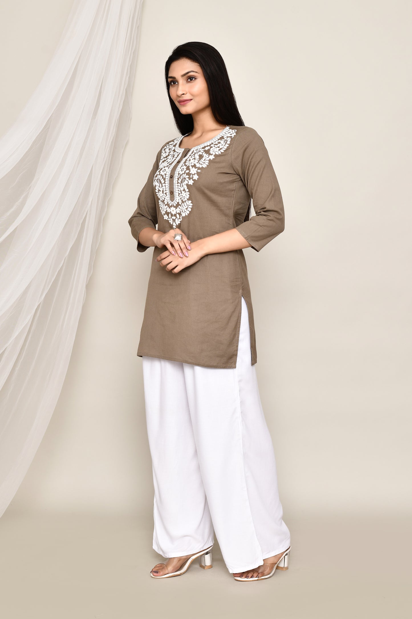 Olive Brown Short Kurti/Top With Chikankari Embroidery