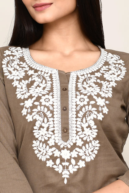 Olive Brown Short Kurti/Top With Chikankari Embroidery