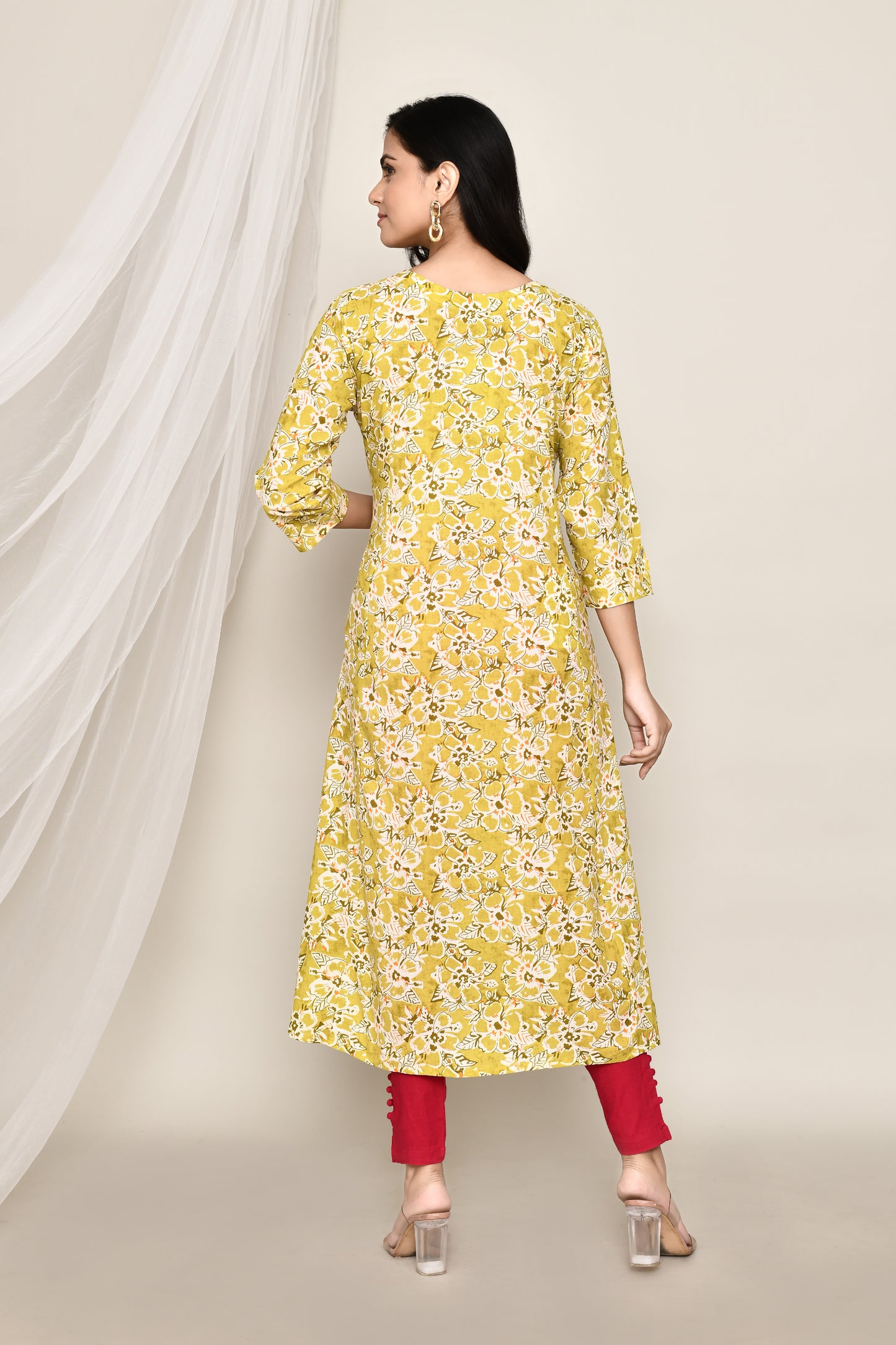 Jaipuri Yellow Printed A-Line Kurti