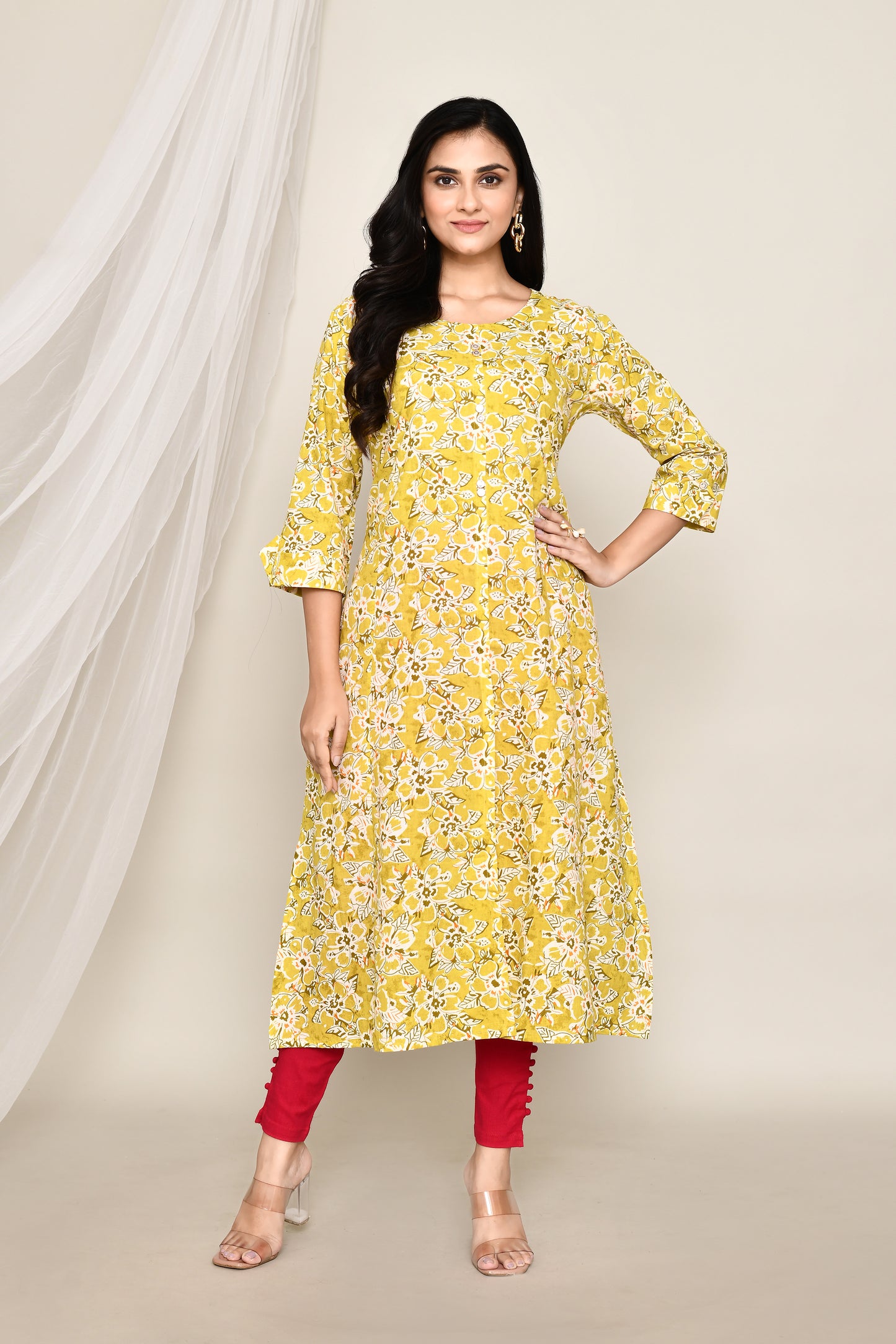 Jaipuri Yellow Printed A-Line Kurti