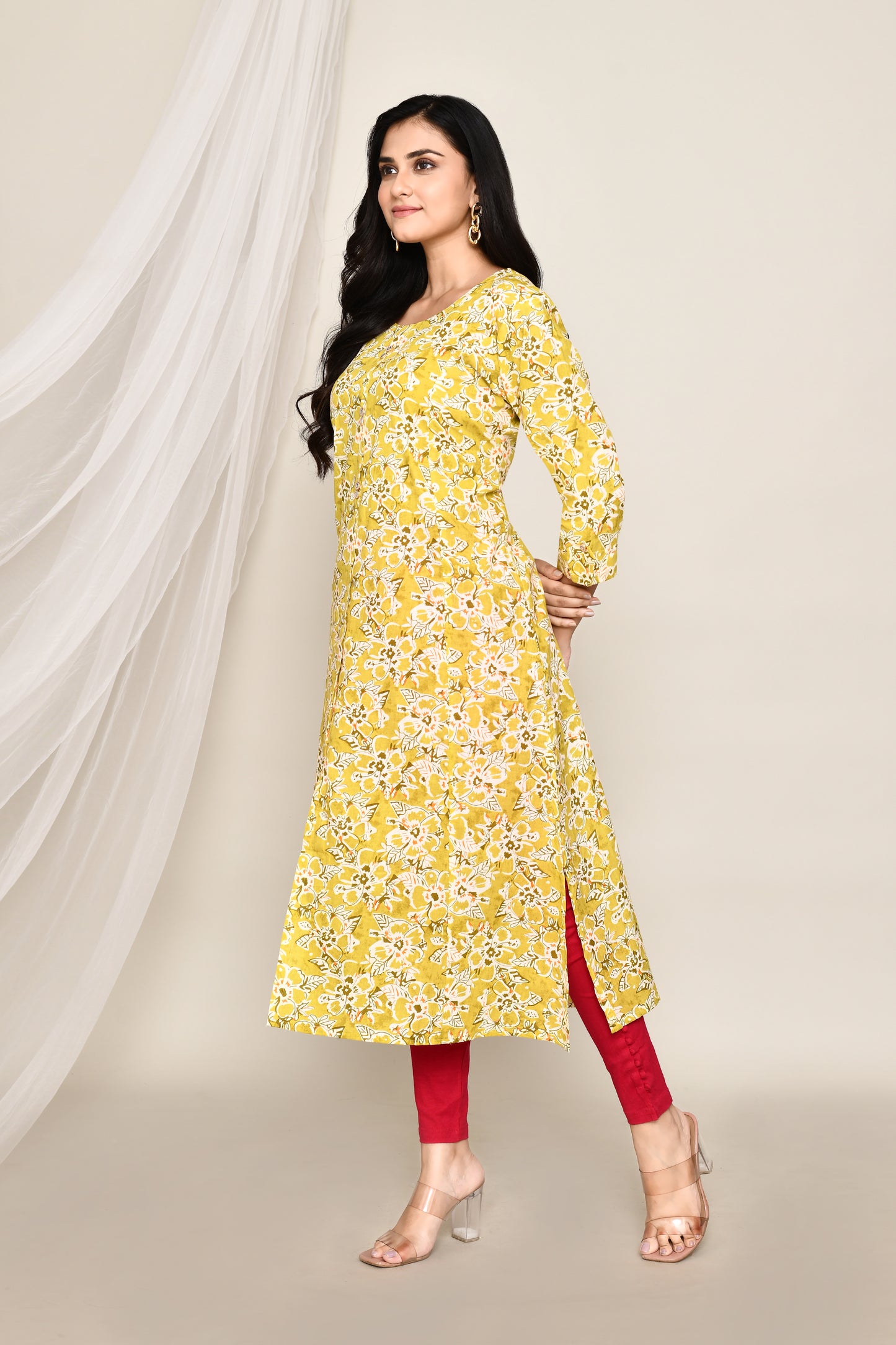 Jaipuri Yellow Printed A-Line Kurti