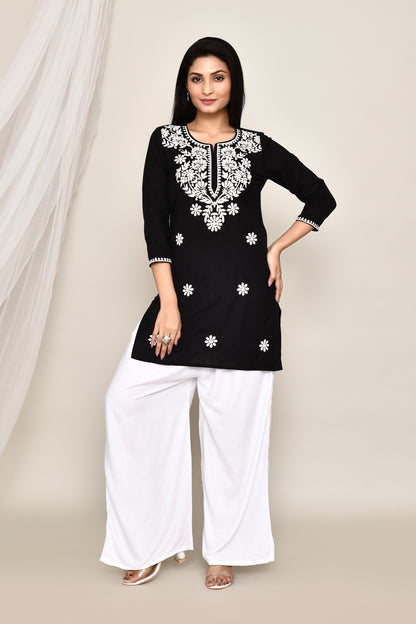 Black Short Kurti/Top with Chikankari Embroidery