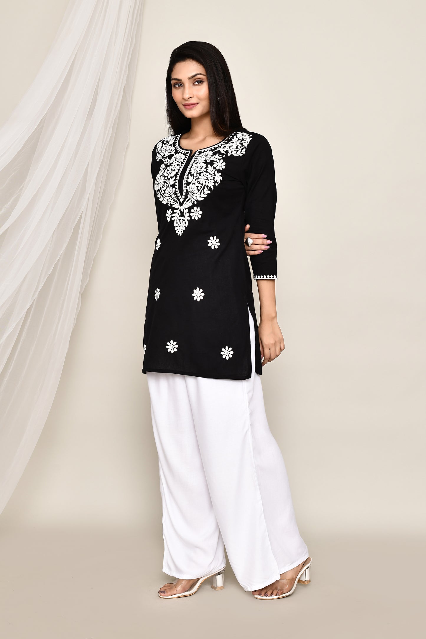 Black Short Kurti/Top with Chikankari Embroidery