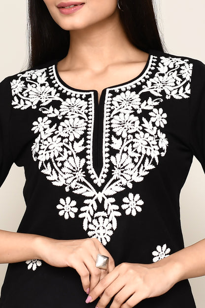 Black Short Kurti/Top with Chikankari Embroidery