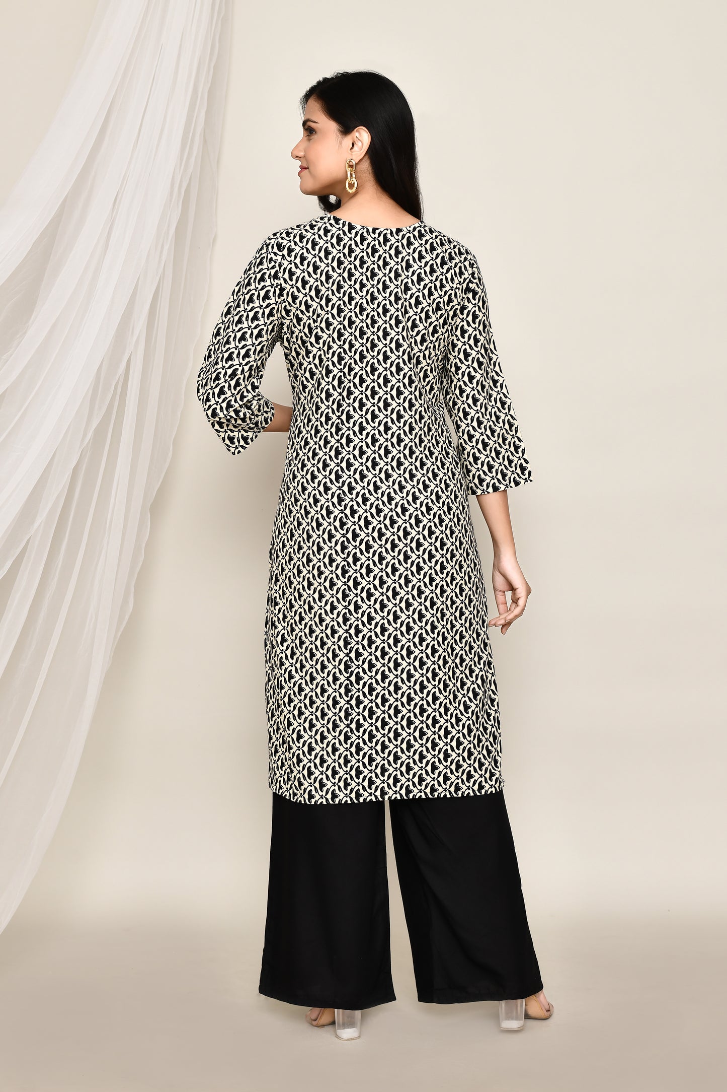 Black and White Lotus Print A Line Kurta