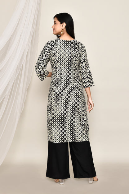 Black and White Lotus Print A Line Kurta