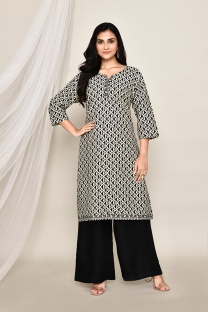 Black and White Lotus Print A Line Kurta