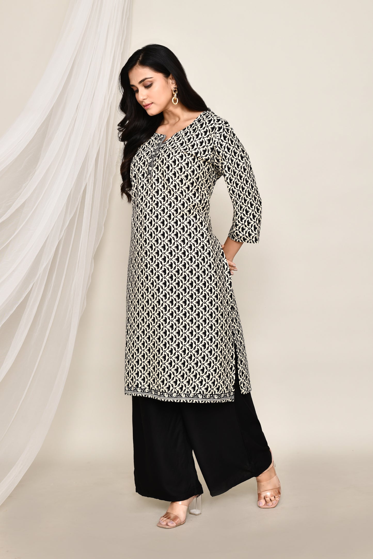 Black and White Lotus Print A Line Kurta