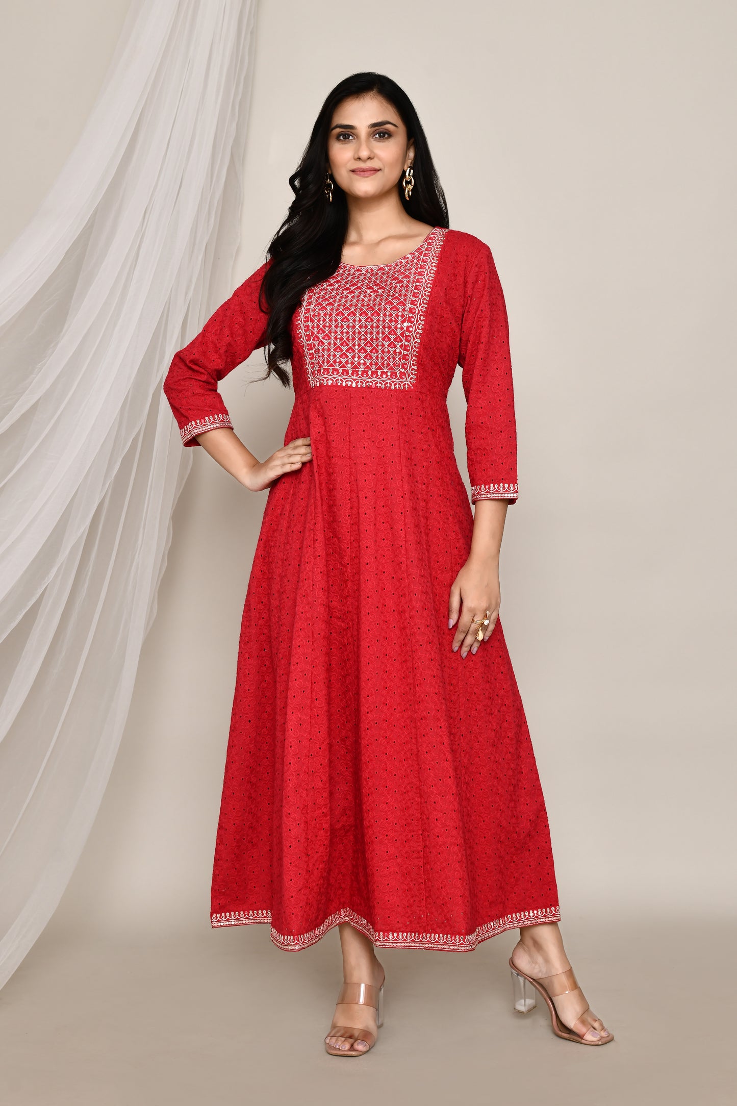 Festive Red Hakoba Anarkali With Neck Embroidery