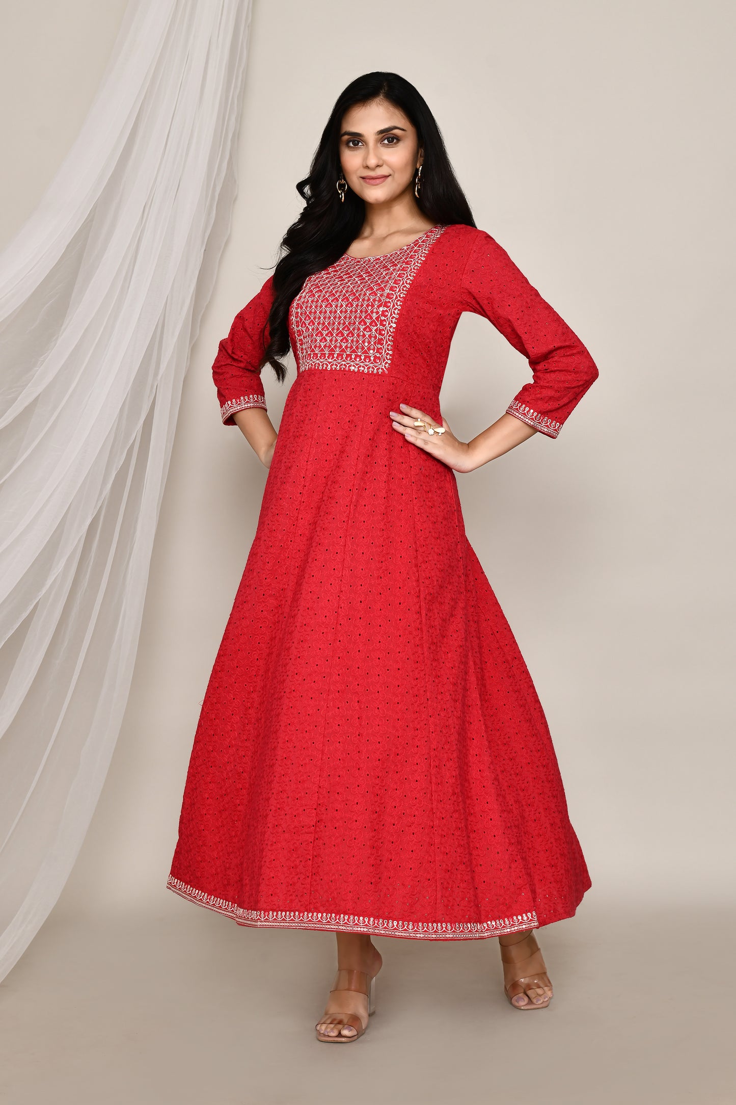 Festive Red Hakoba Anarkali With Neck Embroidery